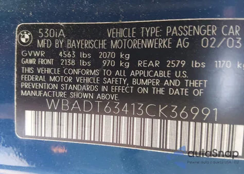 2003 BMW 530Ia from USA, damaged, VIN WBADT63413CK36991